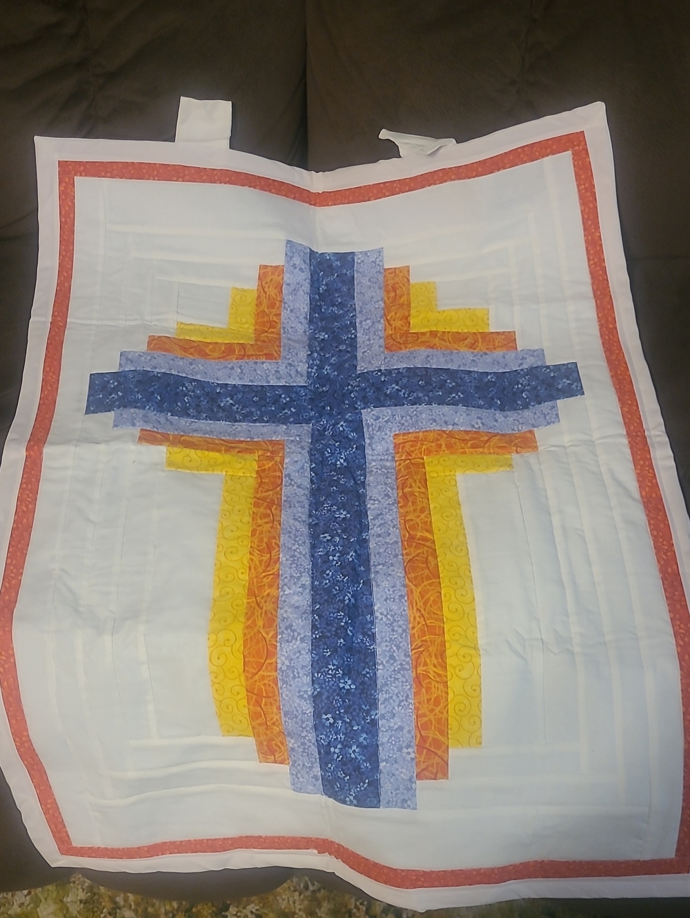 Blue and Yellow Cross Handmade Applique Quilt To Hang